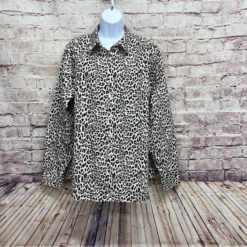 Lands End Leopard Print Button Front Long Sleeve … - image 1